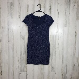 3/$15 H&M basic navy blue white polka dot tshirt midi dress women's size small